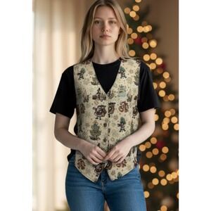 Vintage Women's Vest Christmas Tapestry Santa Trees Bells Winter White Gold Lg